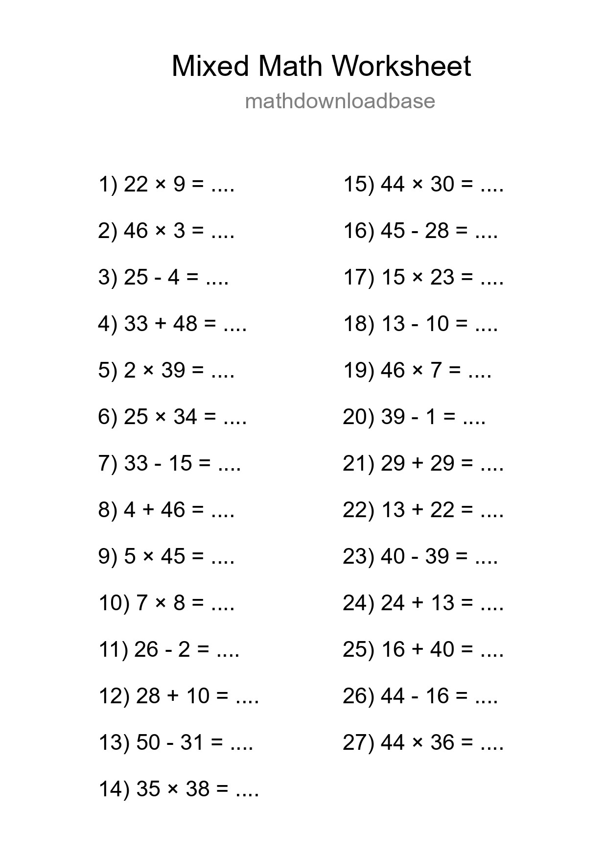 Mixed Operations Math Worksheet