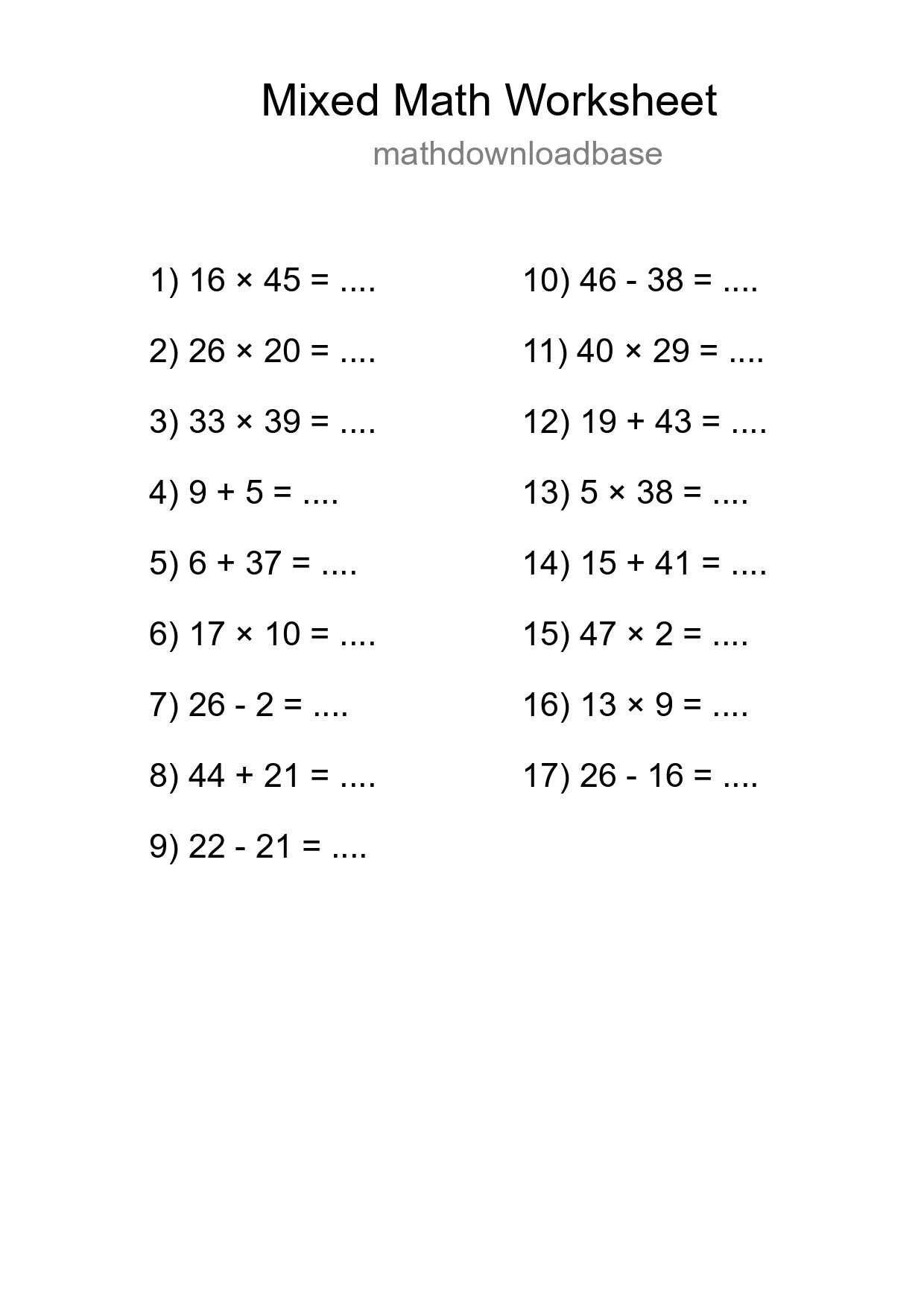 Mixed Operations Math Worksheet