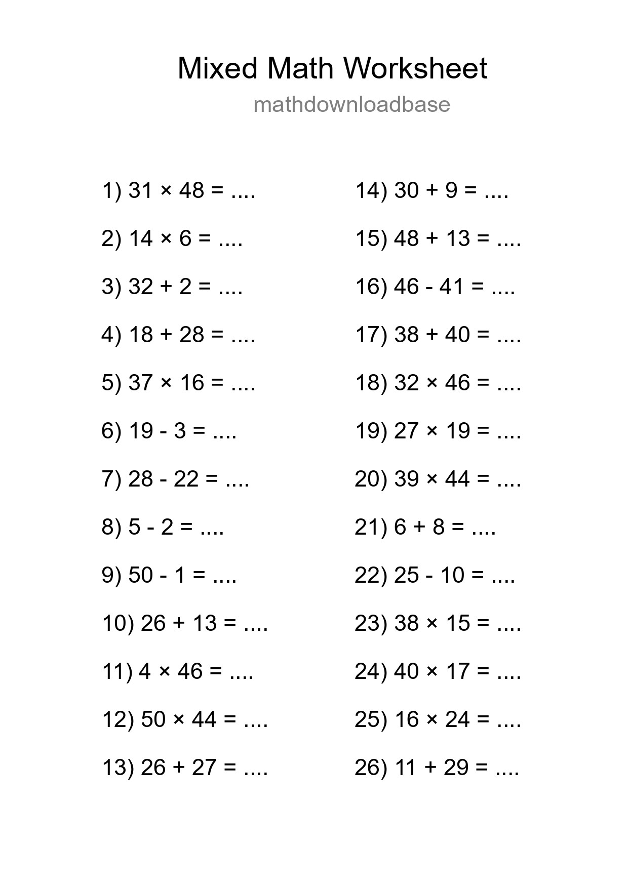 Mixed Operations Math Worksheet