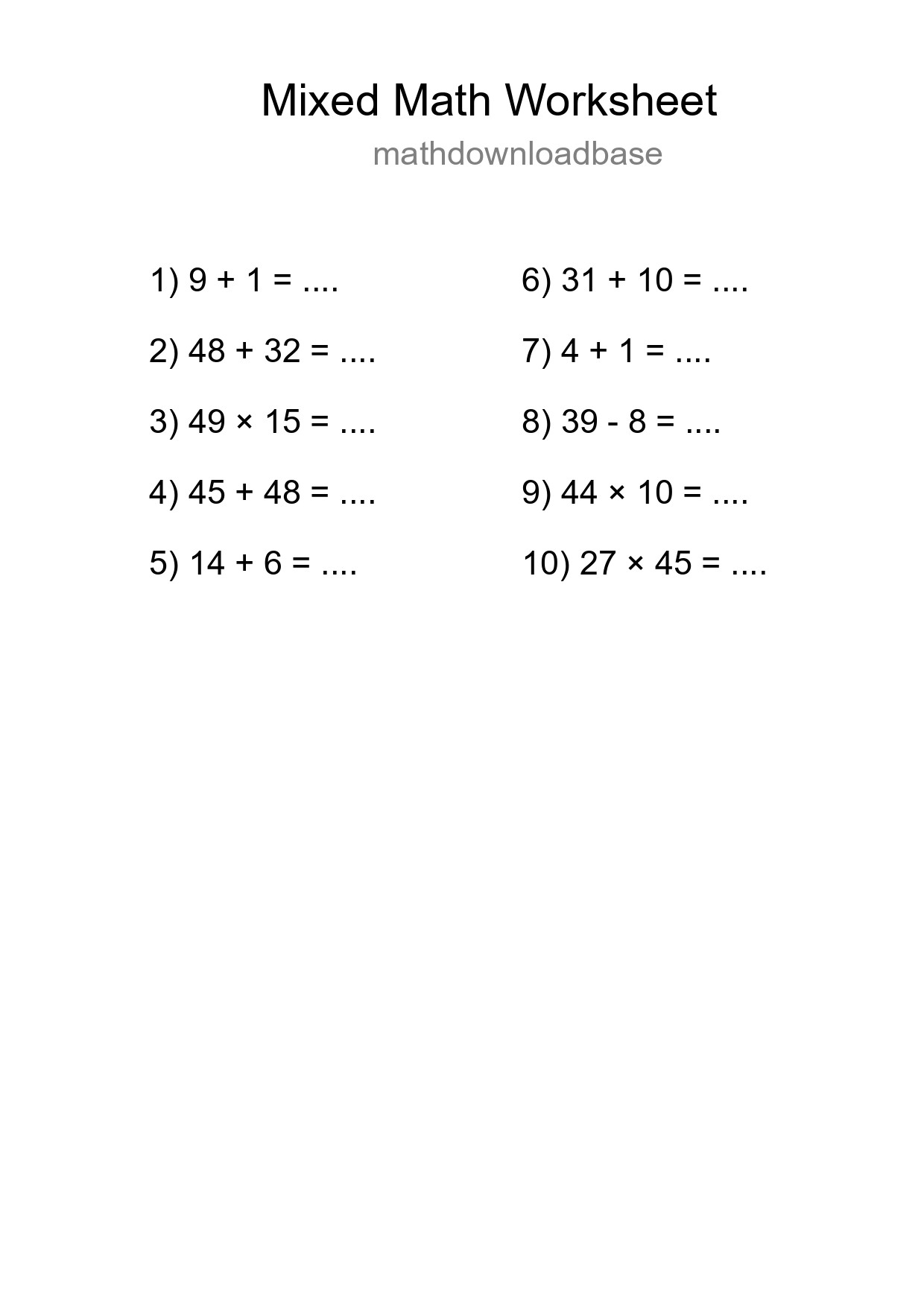 Mixed Operations Math Worksheet
