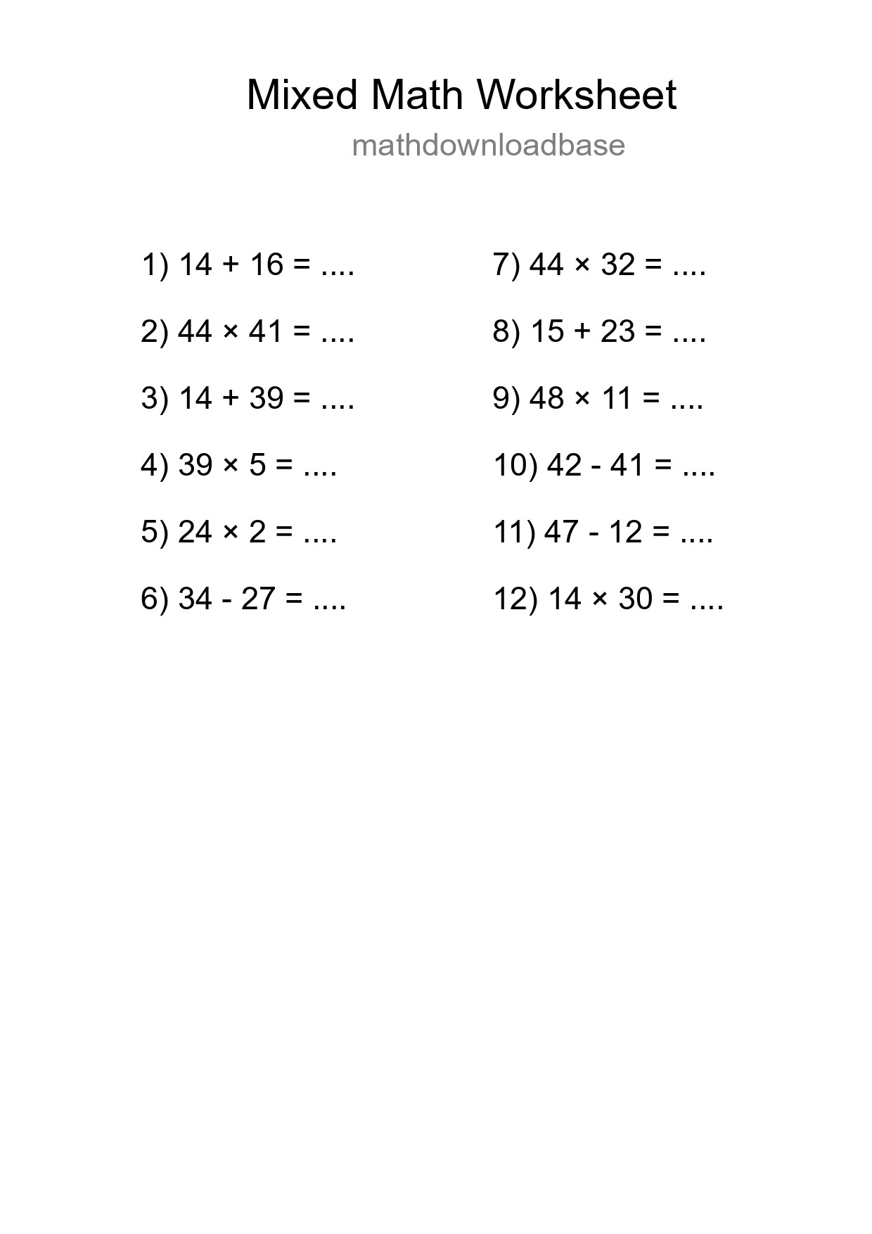 Mixed Operations Math Worksheet