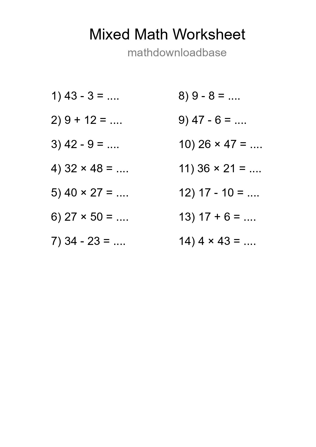 Mixed Operations Math Worksheet