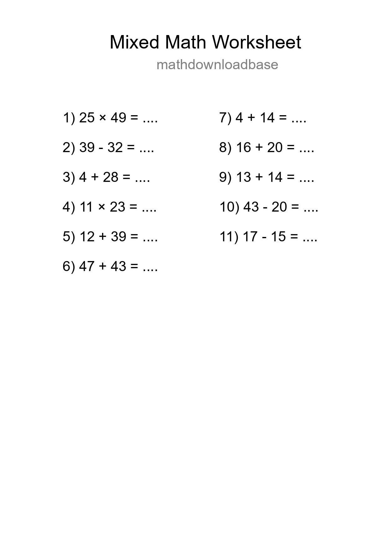 Mixed Operations Math Worksheet