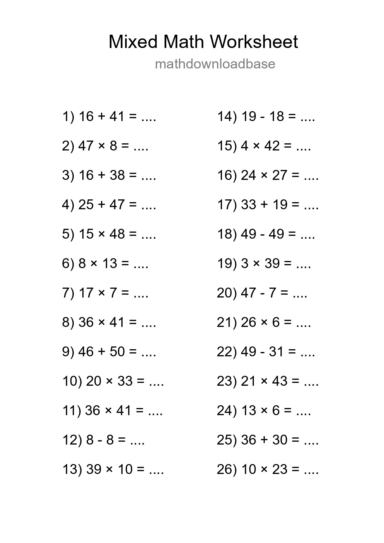 Mixed Operations Math Worksheet