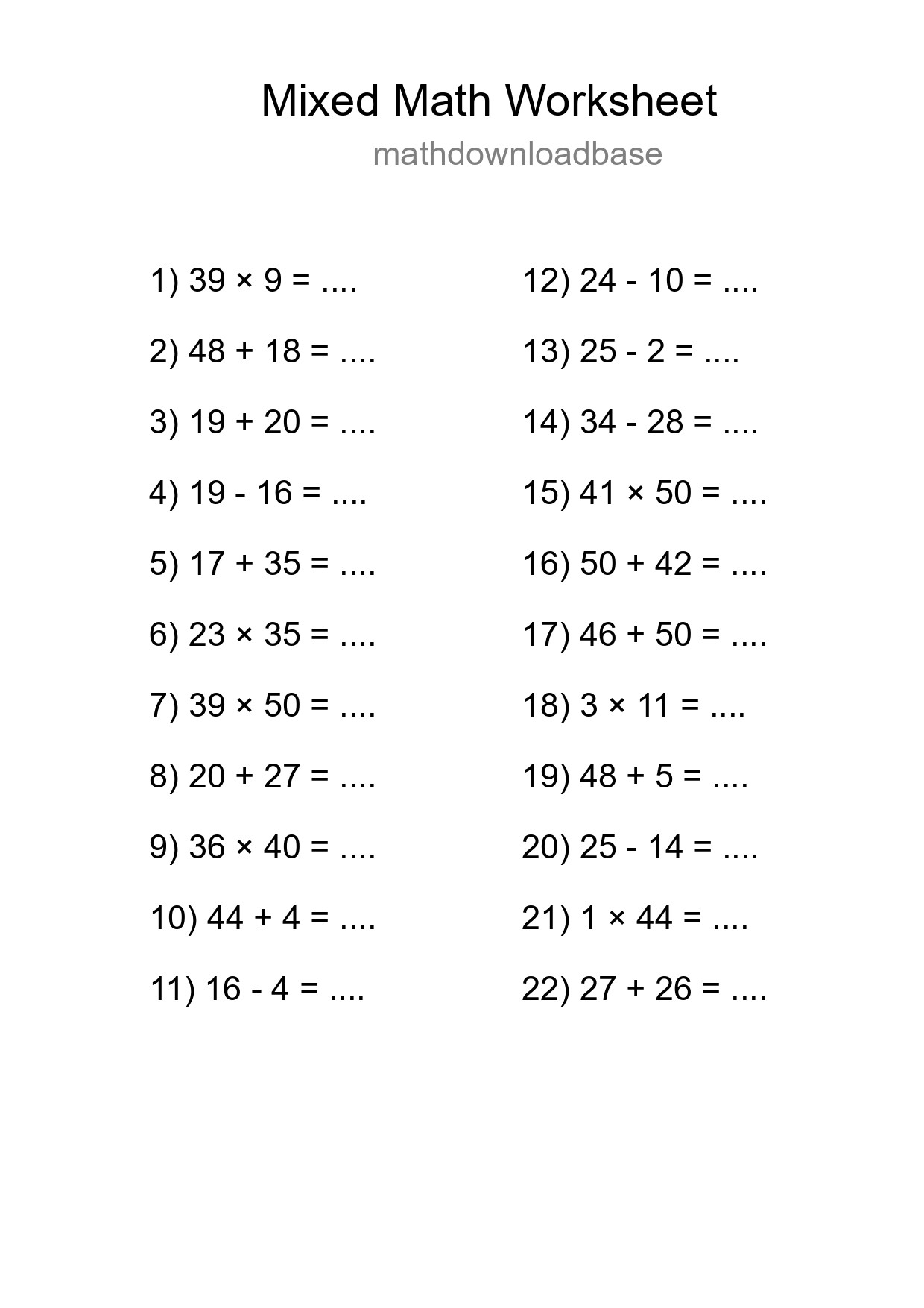 Mixed Operations Math Worksheet