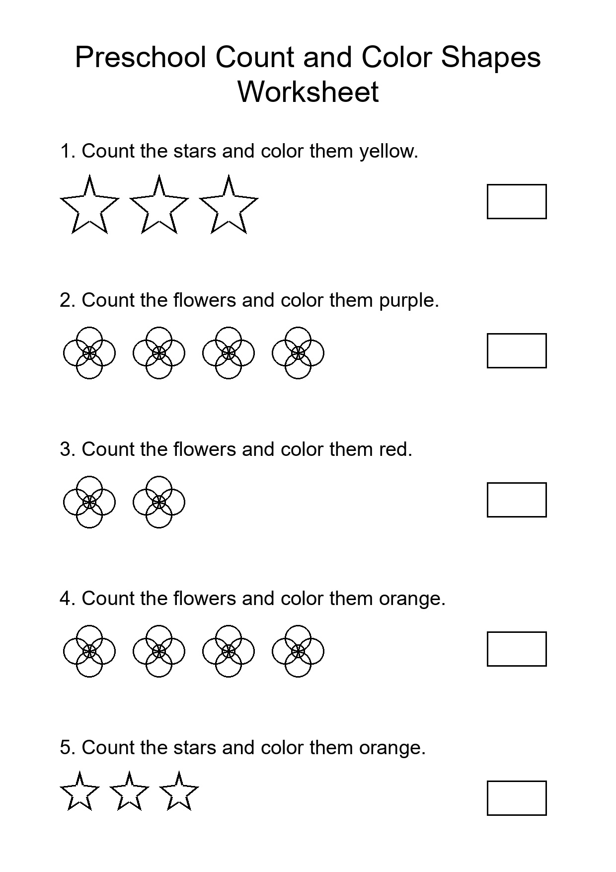 Preschool Count and Color Shapes Worksheet