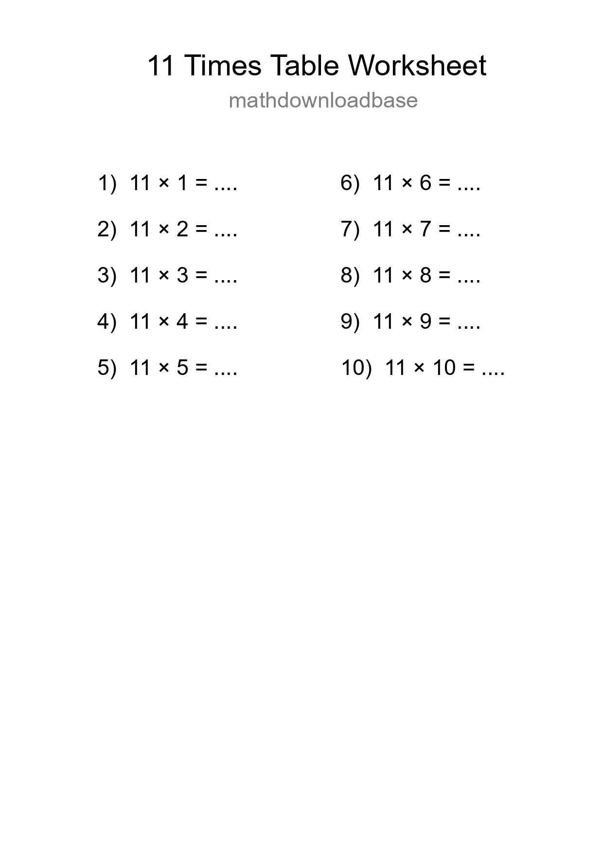 Printable 11 Times Table Worksheet For Grade 4 - Part 240