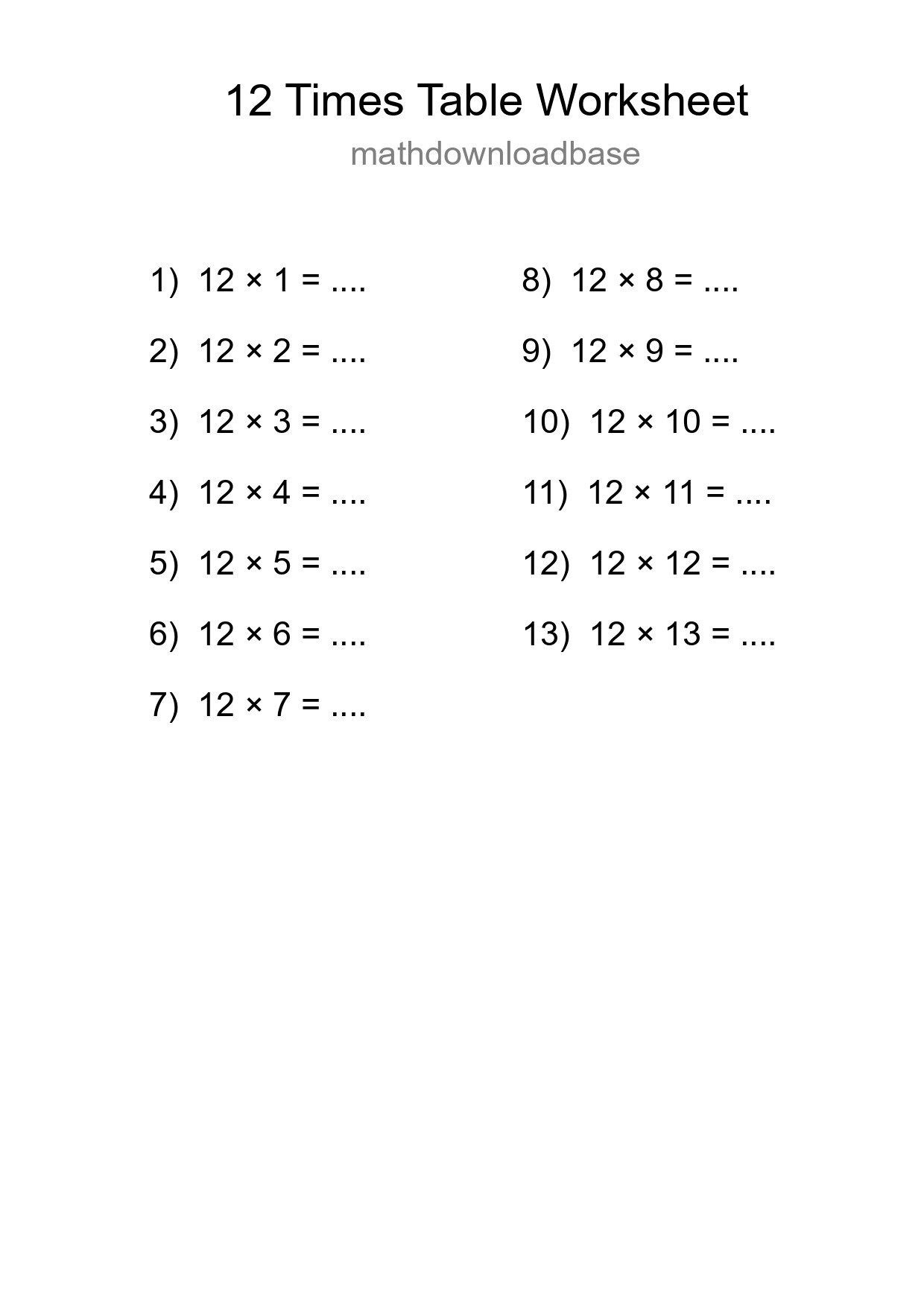 Printable 12 Times Table Worksheet For Grade 4 - Part 174