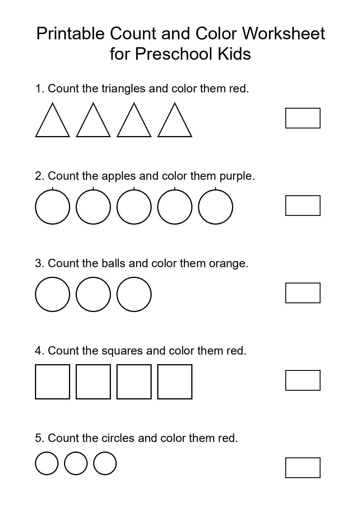 Printable Count and Color Worksheet for Preschool Kids