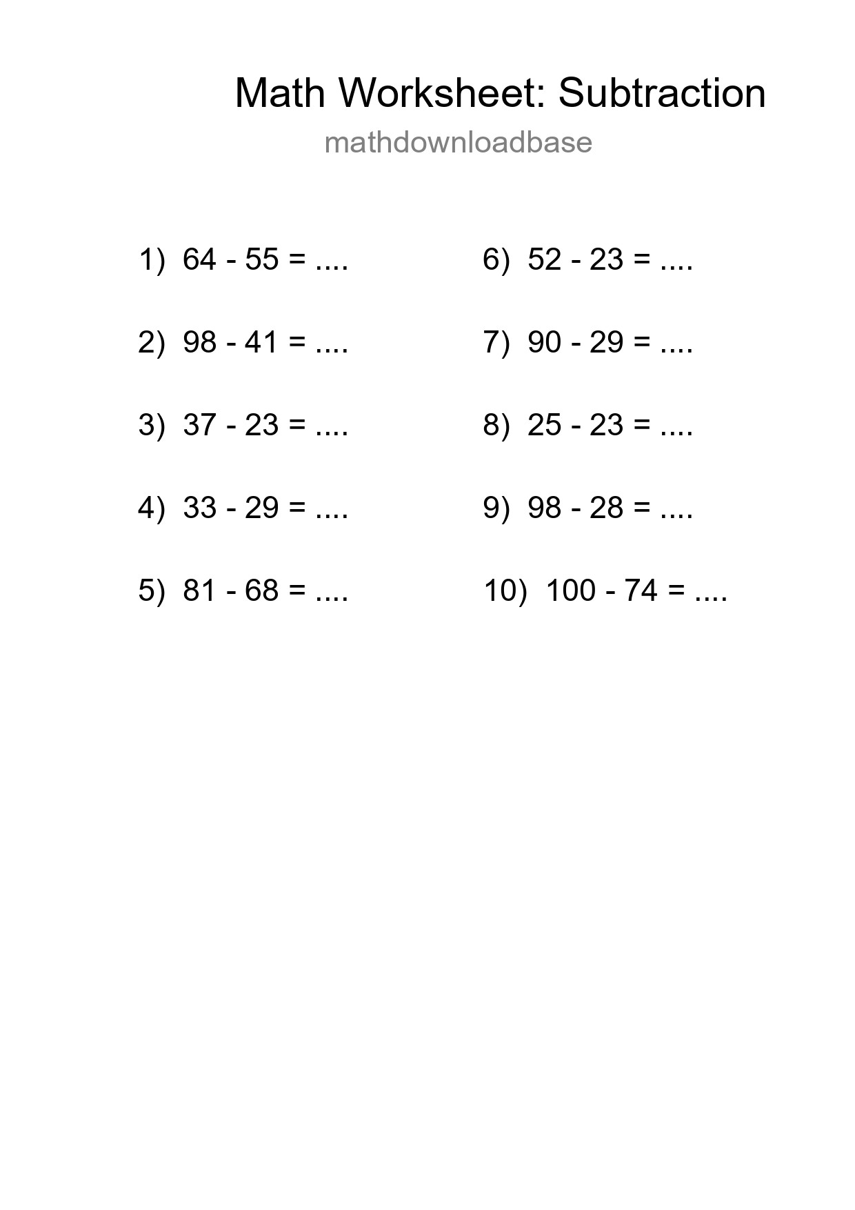 Printable Free 10 Subtraction Math Worksheet For Grade 3 - Part 173