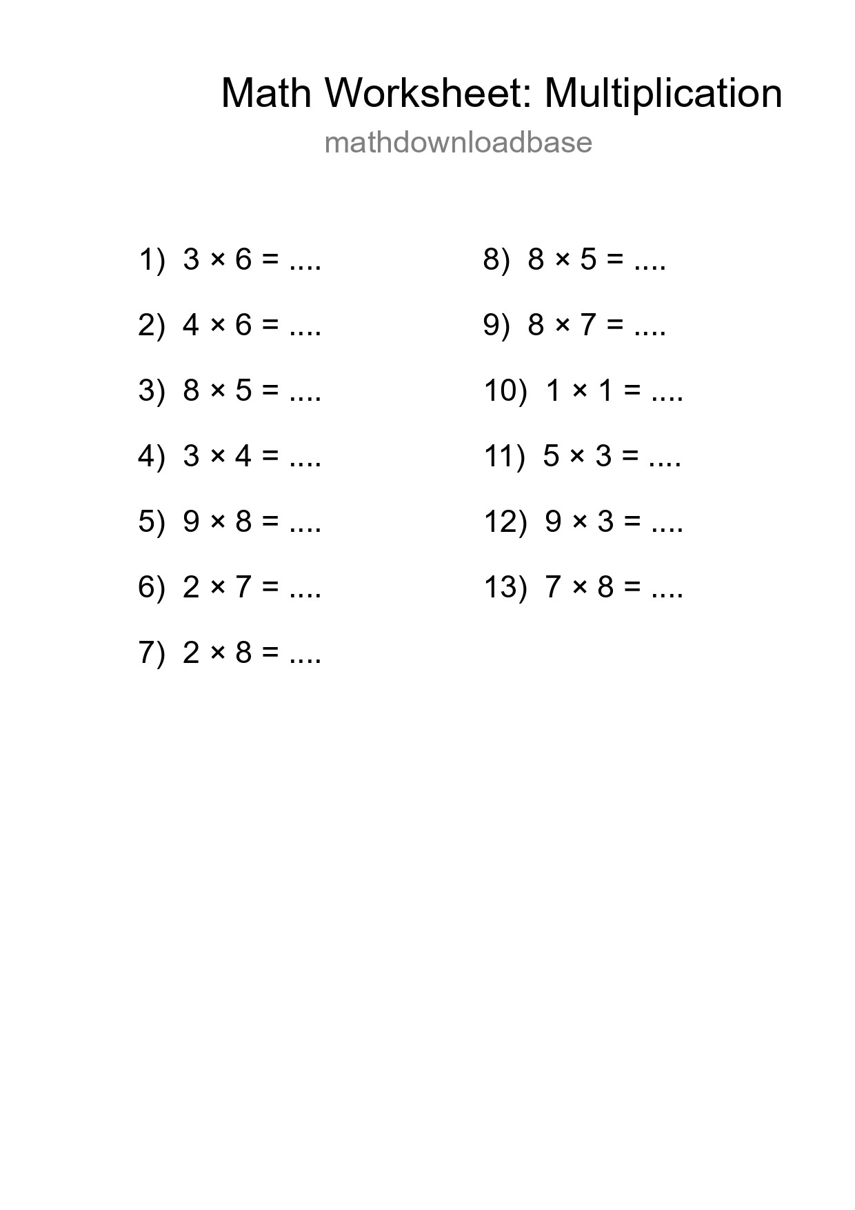 Printable Free 13 Multiplication Math Worksheet For Grade 1 - Part 117