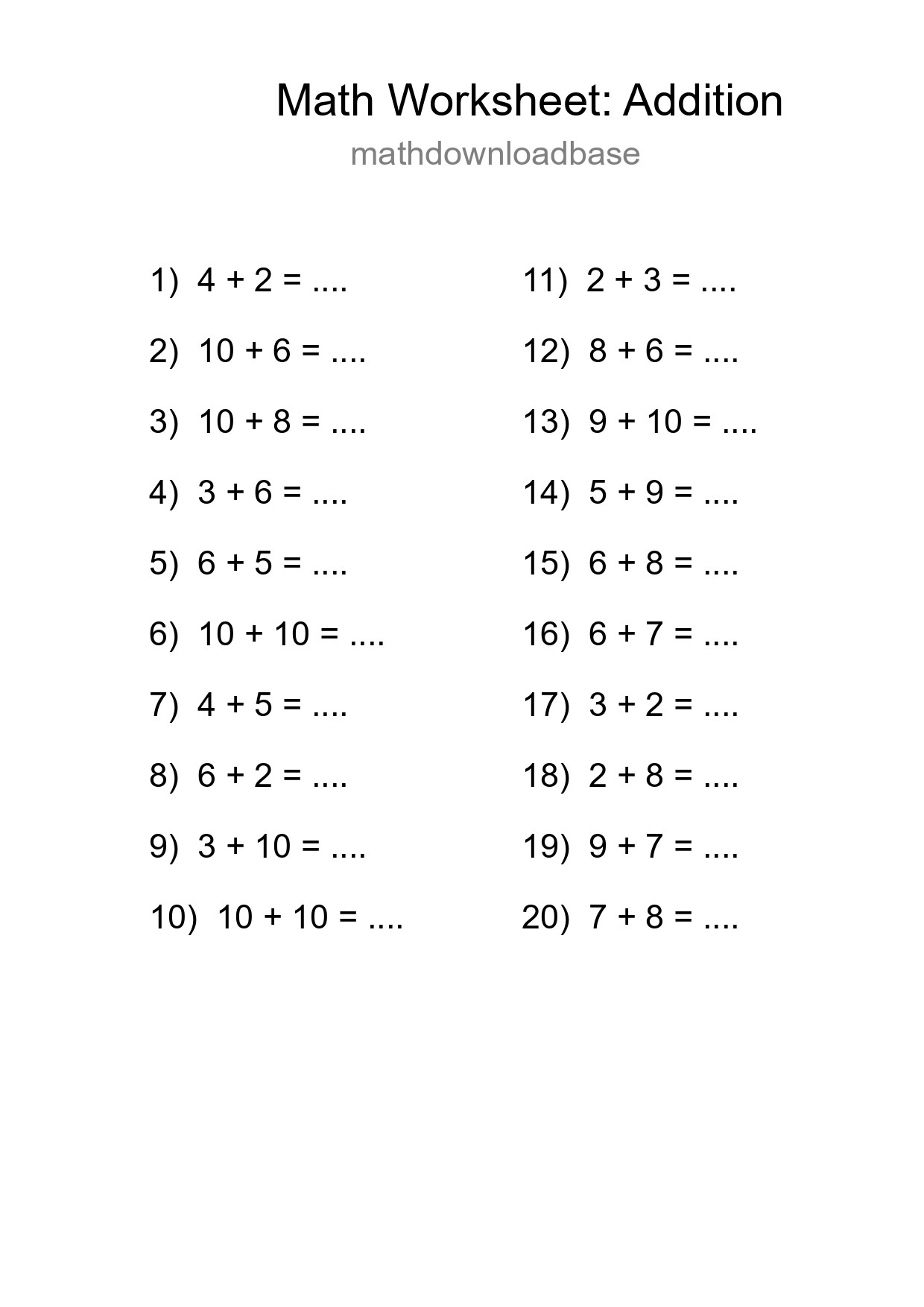Printable Free 20 Addition Math Worksheet For Grade 1 - Part 155