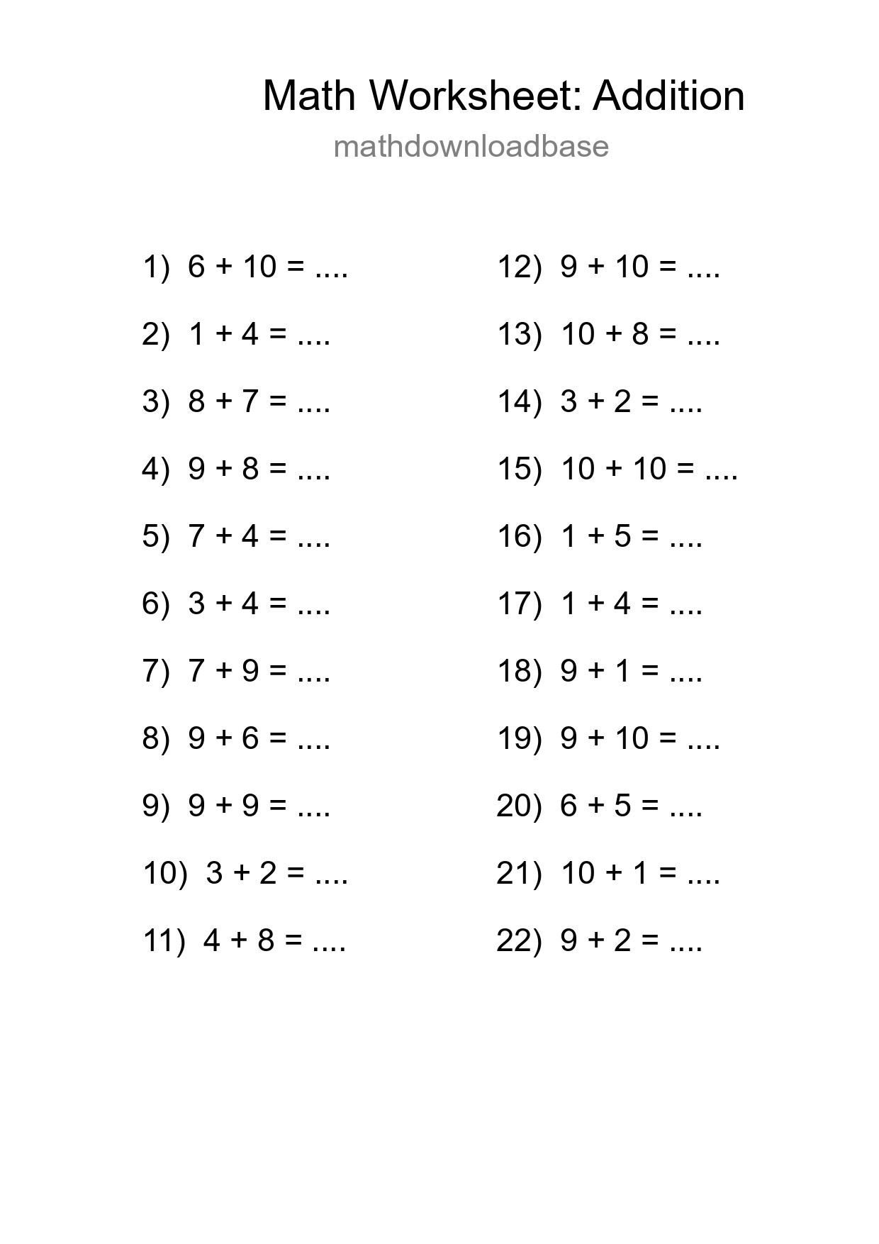 Printable Free 22 Addition Math Worksheet For Grade 1 - Part 210