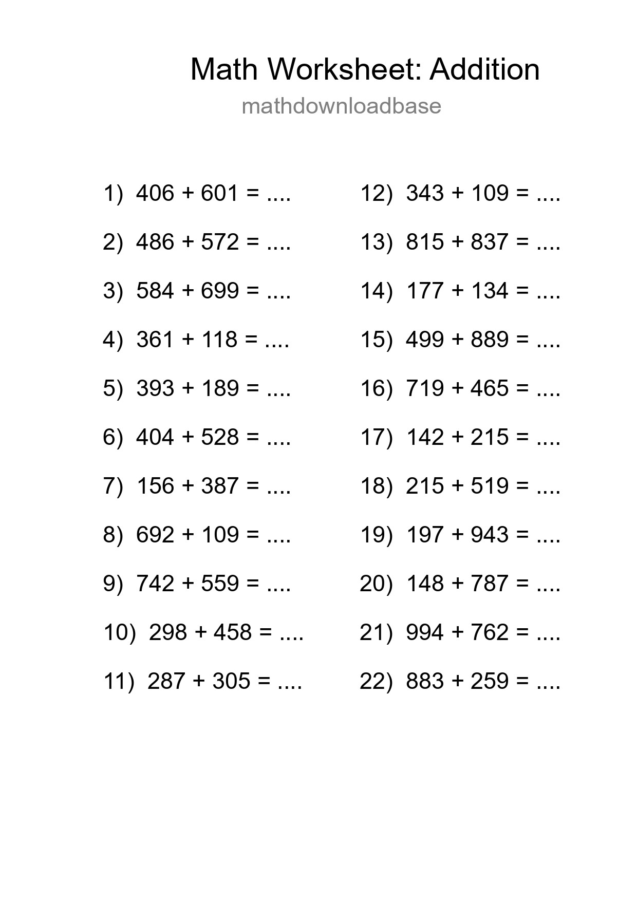 Printable Free 22 Addition Math Worksheet For Grade 5 - Part 265