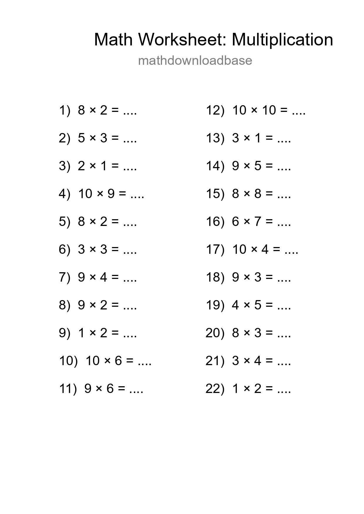 Printable Free 22 Multiplication Math Worksheet For Grade 1 - Part 73