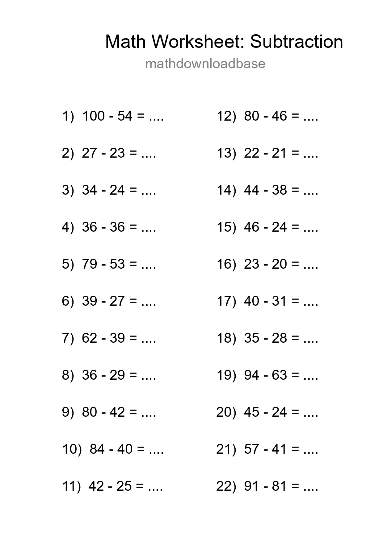 Printable Free 22 Subtraction Math Worksheet For Grade 3 - Part 41