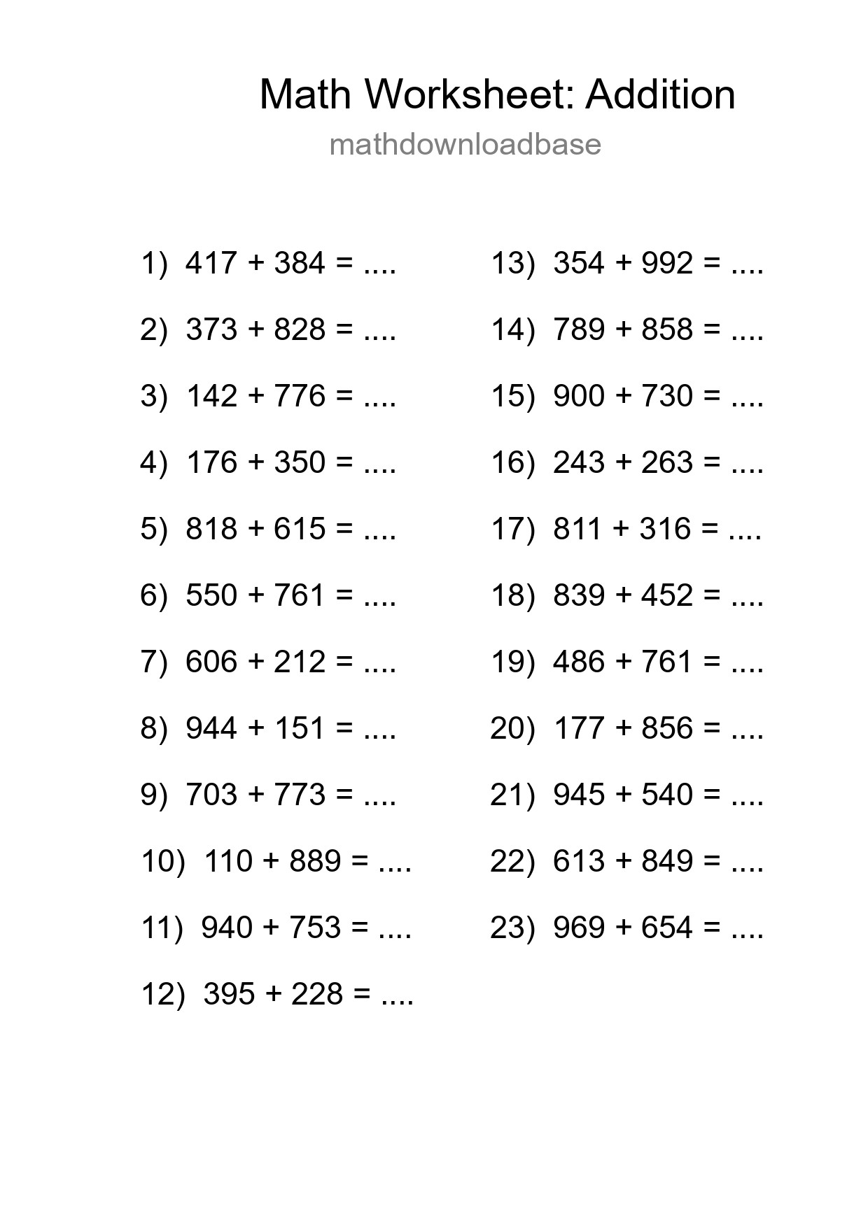Printable Free 23 Addition Math Worksheet For Grade 5 - Part 122