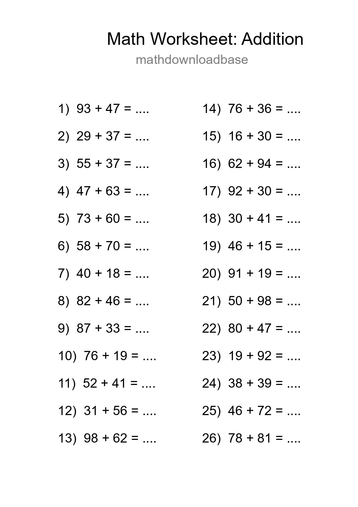 Printable Free 26 Addition Math Worksheet For Grade 3 - Part 221