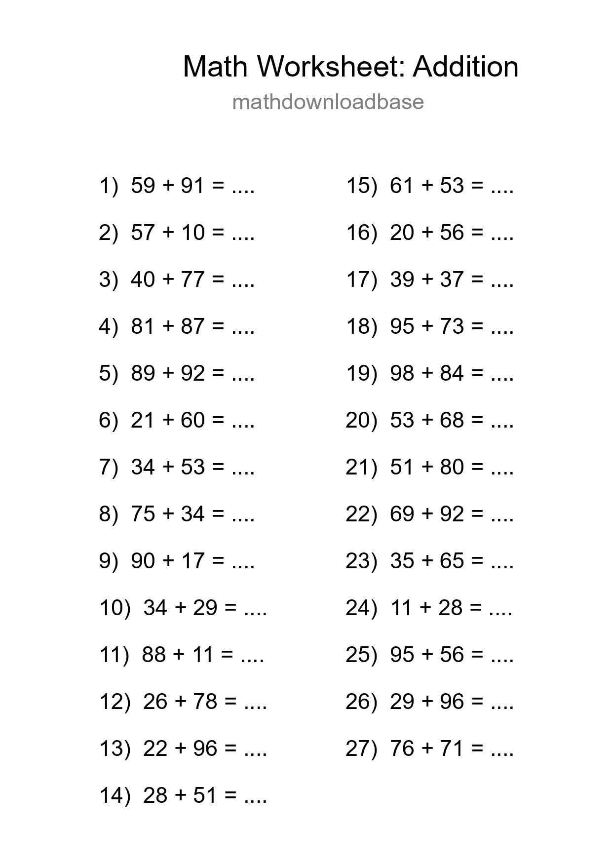 Printable Free 27 Addition Math Worksheet For Grade 3 - Part 133