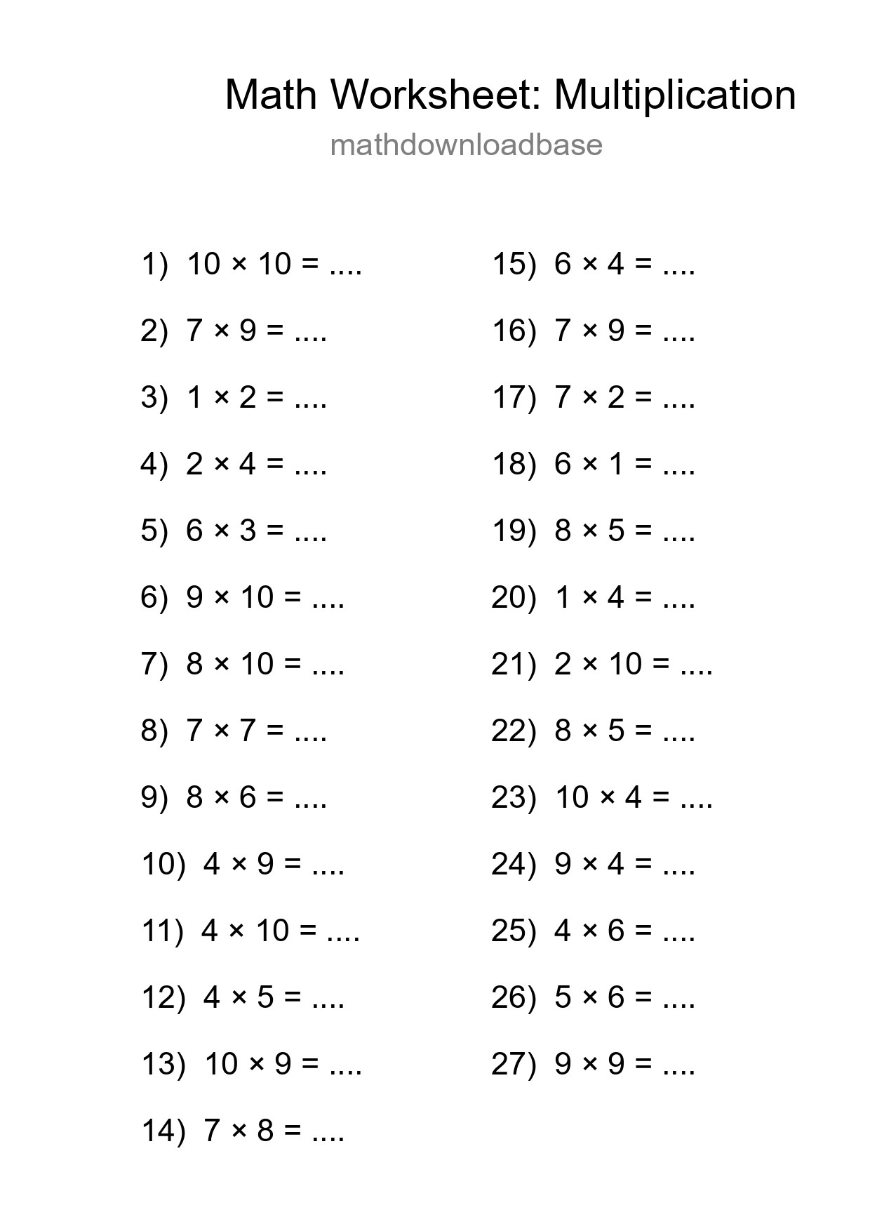 Printable Free 27 Multiplication Math Worksheet For Grade 1 - Part 106