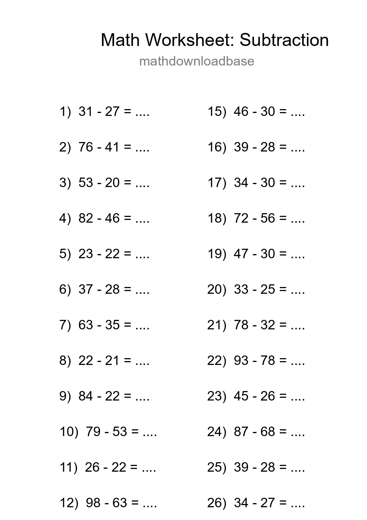 Printable Free 27 Subtraction Math Worksheet For Grade 3 - Part 206