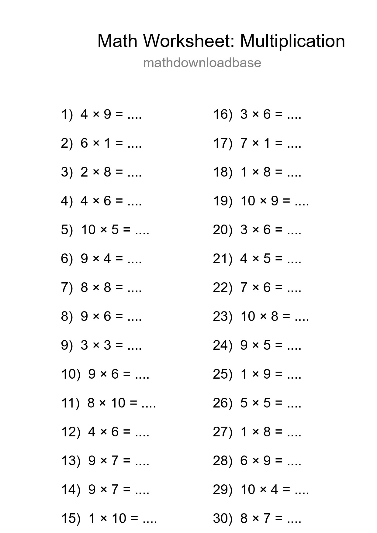 Printable Free 30 Multiplication Math Worksheet For Grade 1 - Part 7